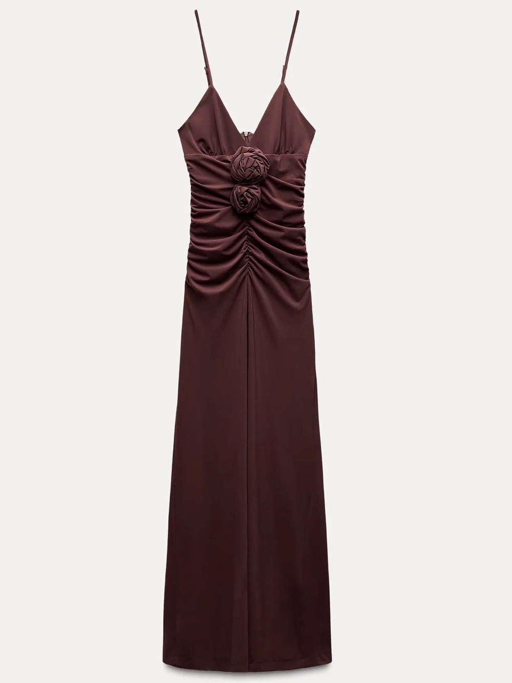 Burgundy Brown Ruched Maxi Dress with Rosette Detail